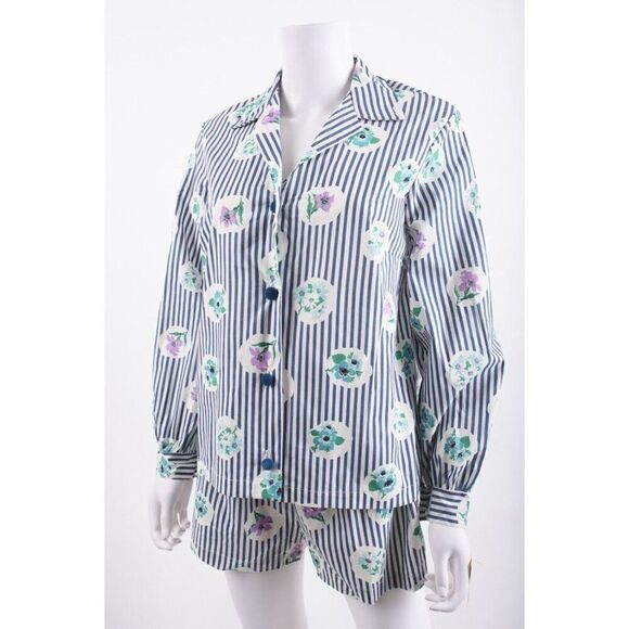 Vintage Womens PJ Pajama Shirt & Shorts Set M Blue White Striped Floral - Picture 3 of 13